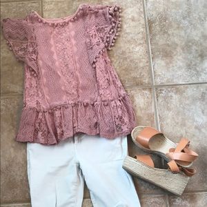 Mauve pom pom lace top